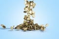 Gold coins with dollar sign fall on graund 3d illustration on a blue background Royalty Free Stock Photo