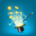 Gold coins dollars fly out of the magic hat Royalty Free Stock Photo