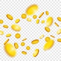 Gold coins explosion from the center isolated on transparent background, vector