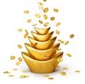 Gold coins falling on Chinese gold sycee Royalty Free Stock Photo