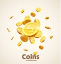 Gold coins falling 3d realistic vector coin icon with shadows is Royalty Free Stock Photo