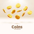 Gold coins falling 3d realistic vector coin icon with shadows is Royalty Free Stock Photo