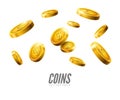 Gold coins falling. 3d realistic vector coin isolated on white. Money cash background