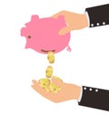 Gold Coins Falling From Piggy Bank to Man's Hand Royalty Free Stock Photo