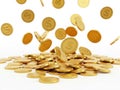 Gold coins falling and piled up, isolated on white background Royalty Free Stock Photo