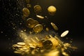 Gold coins falling from the sky on black background. Generative AI Royalty Free Stock Photo