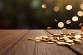 Gold coins falling on wooden table with sunlight - Ai Generated Royalty Free Stock Photo