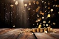 Gold coins falling on wooden table with sunlight - Ai Generated Royalty Free Stock Photo