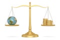 Gold coins and globe on libra over white background. 3D illustration