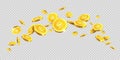 Gold coins or golden money coin splash splatter on vector transparent background