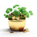 gold coins in a green pot isolated on white Royalty Free Stock Photo