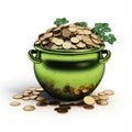 gold coins in a green pot isolated on white Royalty Free Stock Photo