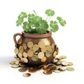 gold coins in a green pot isolated on white Royalty Free Stock Photo