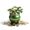 gold coins in a green pot isolated on white Royalty Free Stock Photo