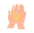 Gold coins in hands icon. Palms holding cash money, finance. Charity, financial help and philanthropy concept. Human