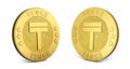 Gold coins with Kazakhstani tenge sign isolated on a white background. 3d illustration. 3d rendering.
