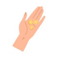 Gold coins in palm. Hand holding cash money, finance. Financial help, savings and cashback concept. Contribution and