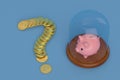 Gold coins and piggy bank with glass bell on blue background.3D Royalty Free Stock Photo