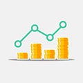 Gold coins price up green graph White Stroke & Shadow icon vector isolated. Price dollar up Royalty Free Stock Photo