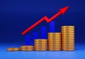 Gold coins with red arrow with bar chart on blue background. 3D rendering illustration Royalty Free Stock Photo