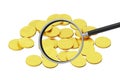 gold coins are scattered on a plane and magnifier Royalty Free Stock Photo