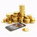 Gold coins and smartphone on a white background. 3d illustration Royalty Free Stock Photo