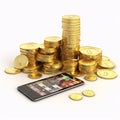 Gold coins and smartphone on a white background. 3d rendering Royalty Free Stock Photo