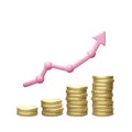 Gold coins stack with 3d arrows grow. Success business strategy graph icon