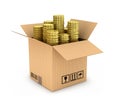 Gold coins in stack in side cardboard box Royalty Free Stock Photo