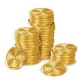 Gold Coins Stacks Vector. Golden Finance Icons, Sign, Success Banking Cash Symbol. Investment Concept. Realistic Royalty Free Stock Photo