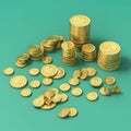 Gold coins, top view bitcoin symbol on green background. A pile of coins Royalty Free Stock Photo