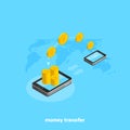 Gold coins are transferred from one smartphone to another Royalty Free Stock Photo