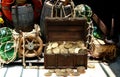 Gold coins treasure chest inside a pirates ship