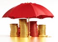 Gold coins under a red umbrella. Concept of wealth protection, money saving and investment security with insurance and risk Royalty Free Stock Photo