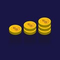 Gold coins vector icons, golden coins stacks and heaps. on blue Royalty Free Stock Photo