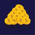 Gold coins vector icons, golden coins stacks and heaps. on blue Royalty Free Stock Photo