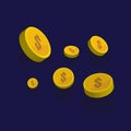 Gold coins vector icons, golden coins stacks and heaps. on blue Royalty Free Stock Photo