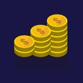 Gold coins vector icons, golden coins stacks and heaps. on blue Royalty Free Stock Photo