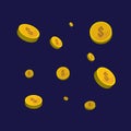 Gold coins vector icons, golden coins stacks and heaps. on blue Royalty Free Stock Photo