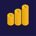 Gold coins vector icons, golden coins stacks and heaps. on blue