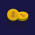 Gold coins vector icons, golden coins stacks and heaps. on blue Royalty Free Stock Photo