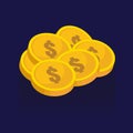 Gold coins vector icons, golden coins stacks and heaps. on blue Royalty Free Stock Photo