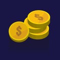 Gold coins vector icons, golden coins stacks and heaps. on blue Royalty Free Stock Photo