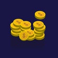 Gold coins vector icons, golden coins stacks and heaps. on blue Royalty Free Stock Photo