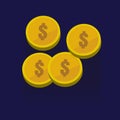 Gold coins vector icons, golden coins stacks and heaps. on blue Royalty Free Stock Photo