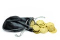 Gold coins in a velvet pouch. Royalty Free Stock Photo