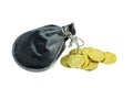 Gold coins in a velvet pouch. Royalty Free Stock Photo