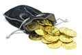 Gold coins in a velvet pouch. Royalty Free Stock Photo