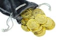 Gold coins in a velvet pouch. Royalty Free Stock Photo