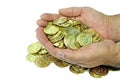 Gold coins in a velvet pouch. Royalty Free Stock Photo